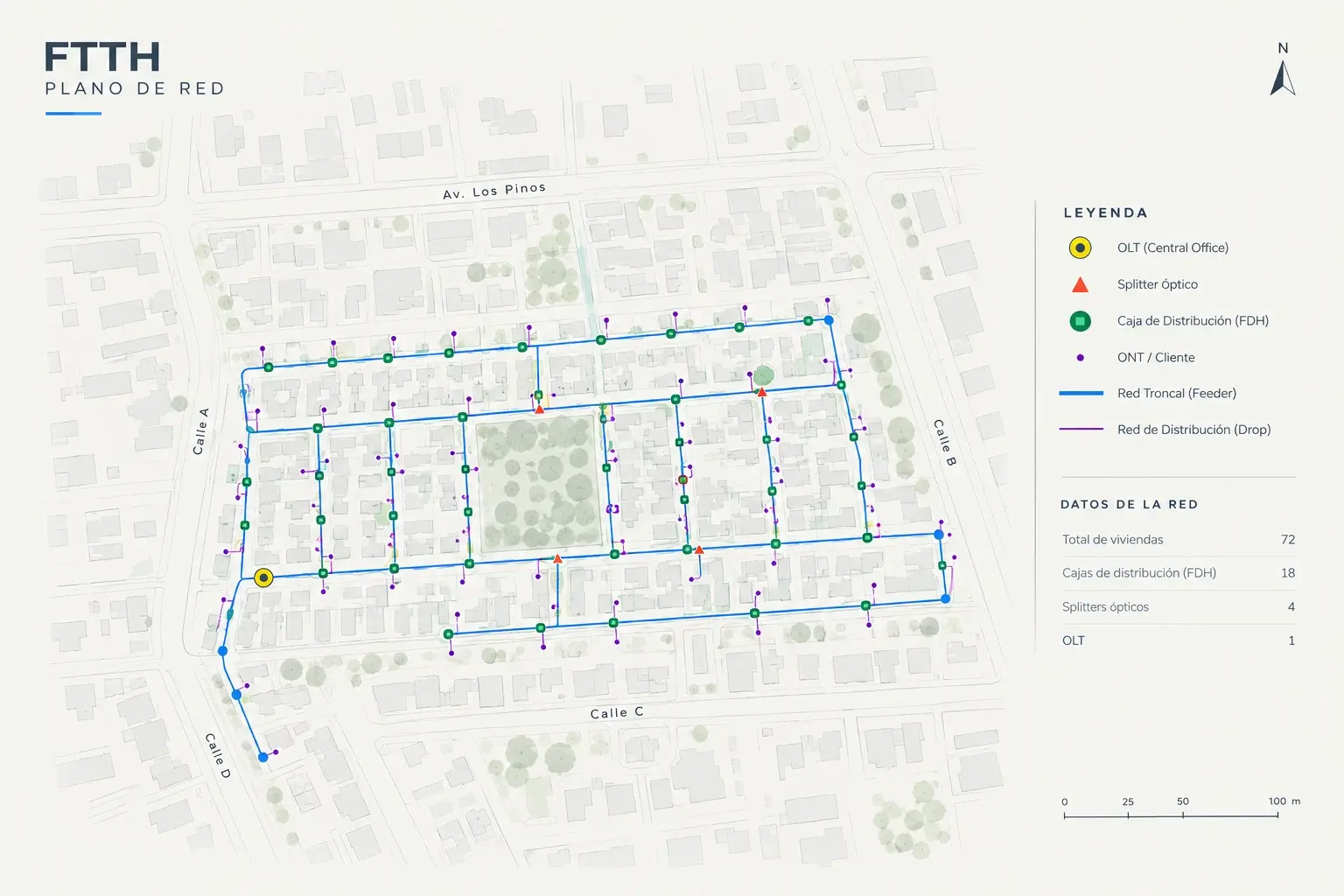 Plano de red FTTH con rutas, cajas de distribución y clientes